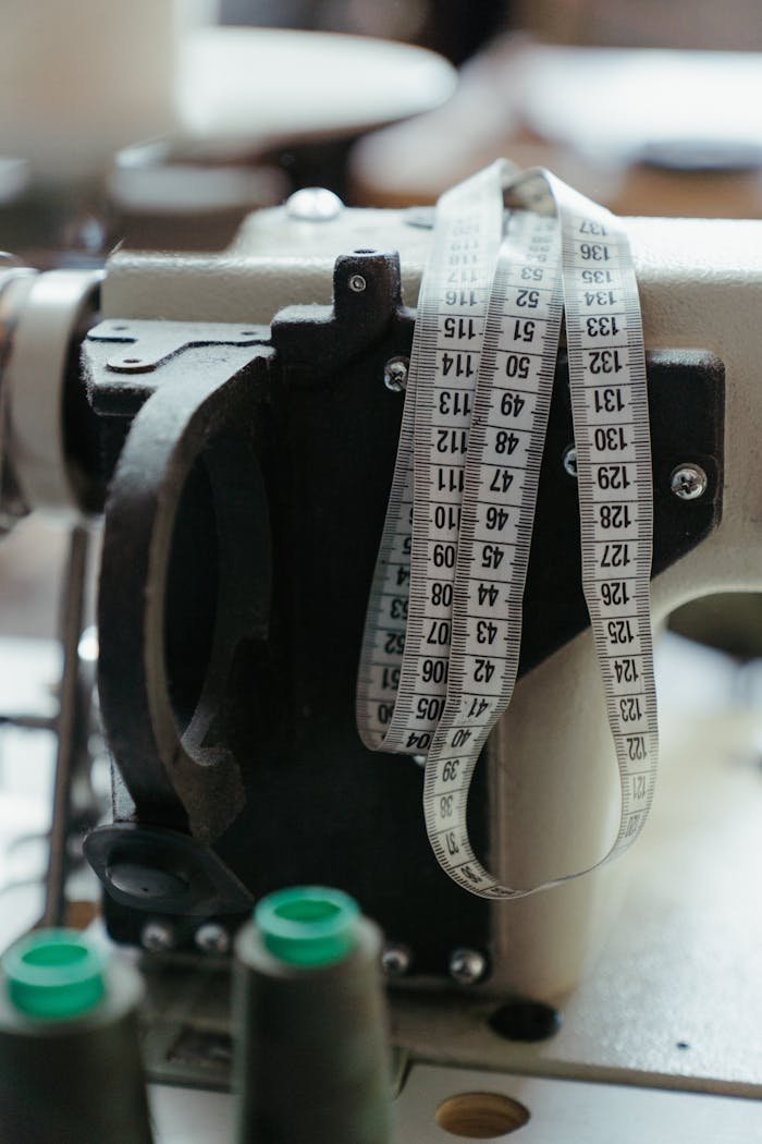 Close-up of a sewing machine with measuring tape in a workshop, highlighting tailoring tools.